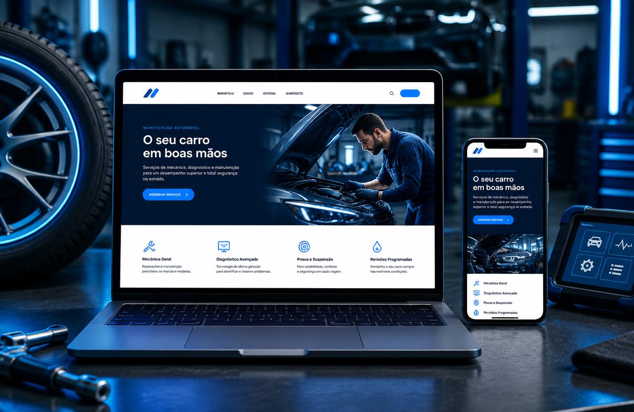 Website simulado de serviços automóveis apresentado num portátil e telemóvel