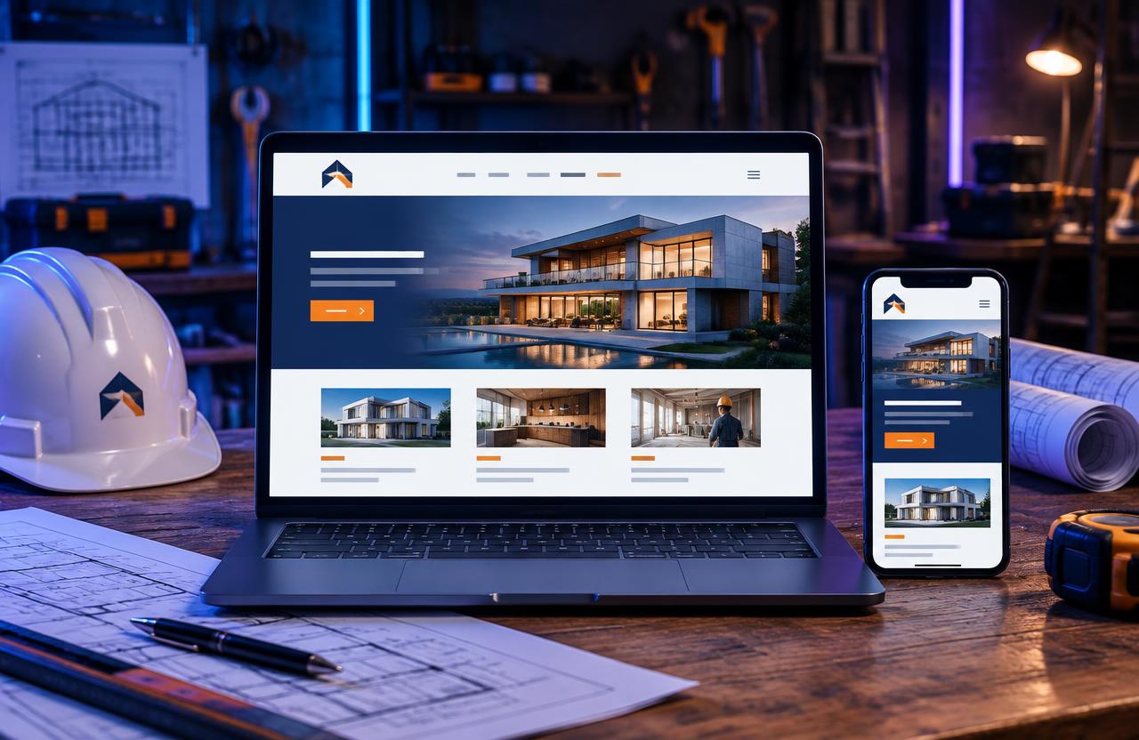 Website simulado de construção e remodelações apresentado num portátil e telemóvel