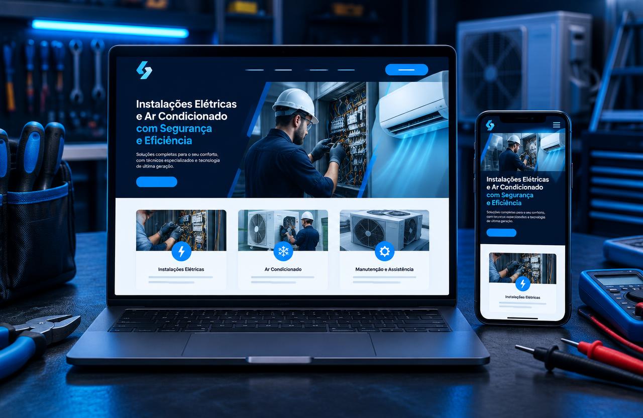 Website simulado de eletricidade e climatização apresentado num portátil e telemóvel
