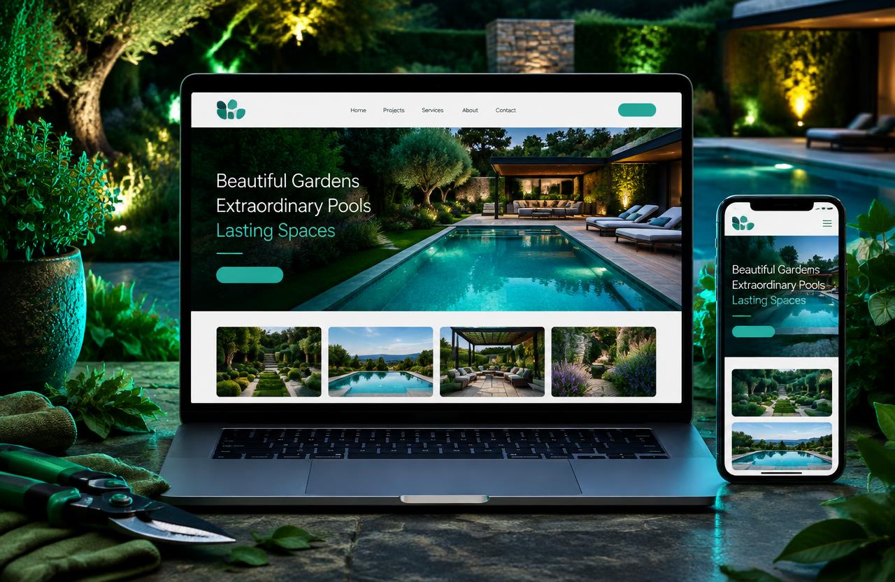 Website simulado de jardins e piscinas apresentado num portátil e telemóvel
