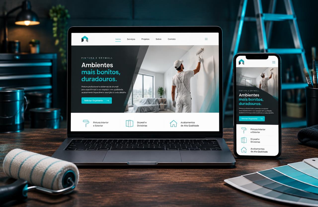 Website simulado de pintura e pladur apresentado num portátil e telemóvel